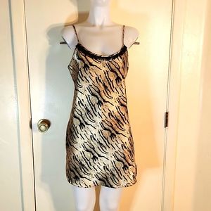 Vintage California Dynasty Tiger Print Satin Nightgown W/ Fringe Detail Size M